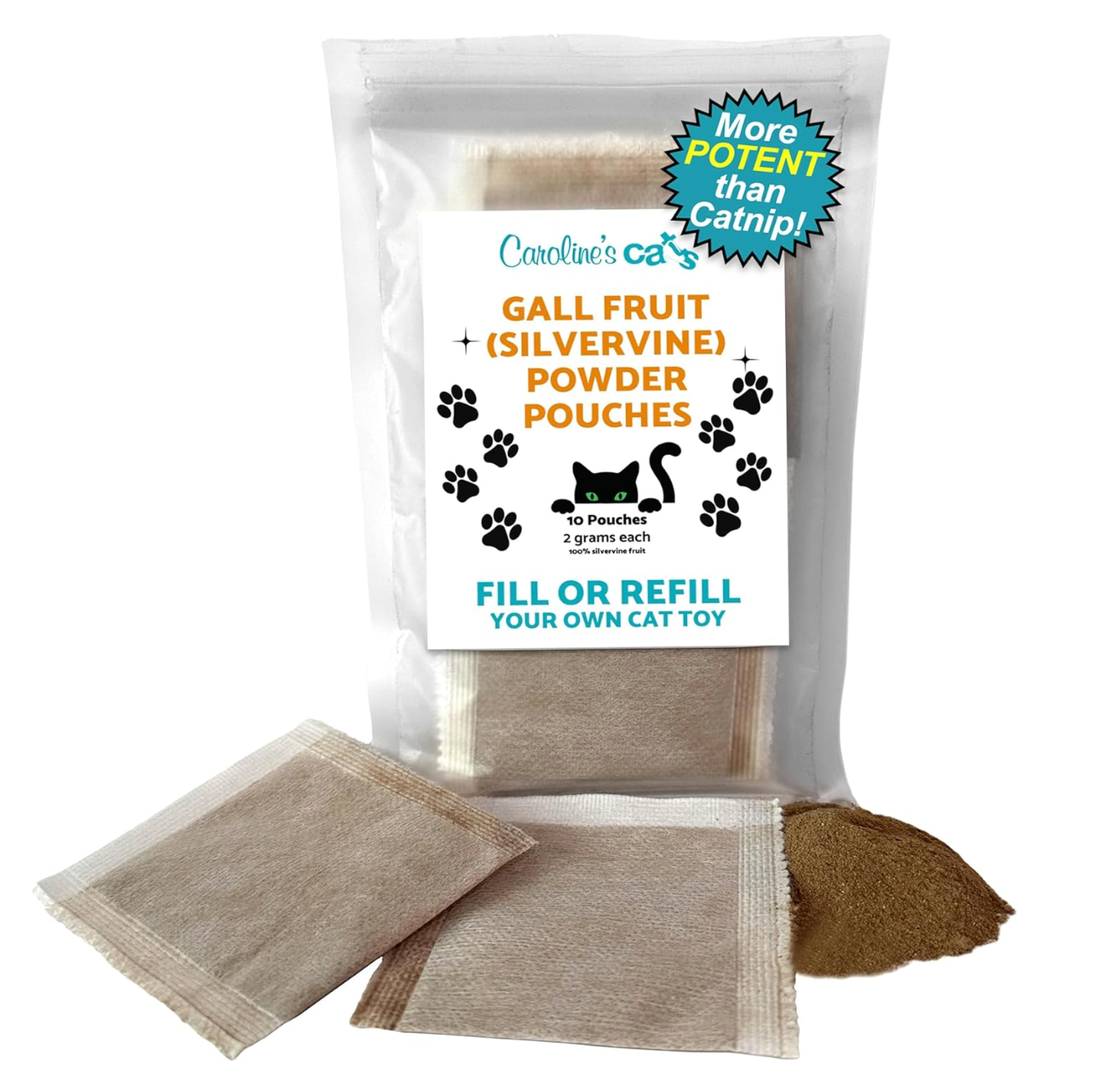 Caroline's Cats Silvervine Powder Packets for Cat Toys - Gall Fruit Refill Pouches More Potent Than Catnip Replacements for Flapping Bird, Flopping Fish, and More