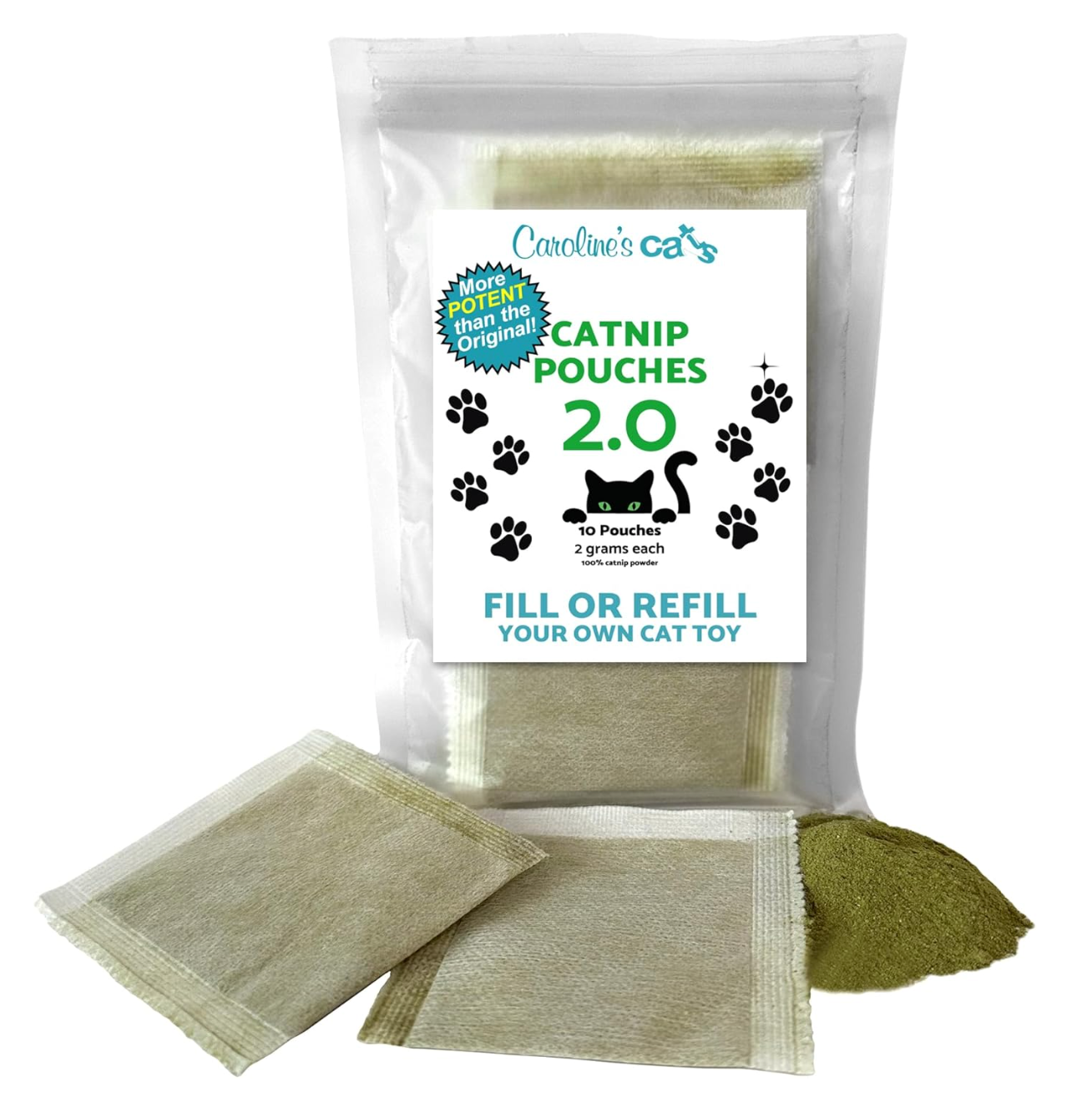 Caroline's Cats Organic Catnip Packets for Cat Toys 2.0 – More Potent Refill Pouches for Flapping Bird, Flopping Fish, and Others, 10 Tea Bags