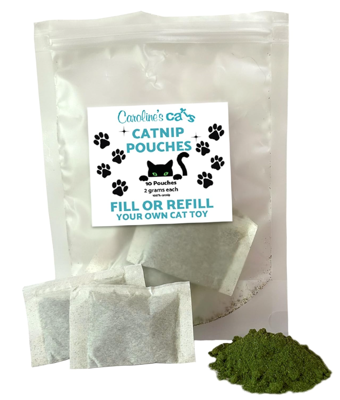 Caroline's Cats Organic Catnip Packets for Cat Toys – Refill Pouches for Flapping Bird, Flopping Fish, and More, 10 Tea Bags