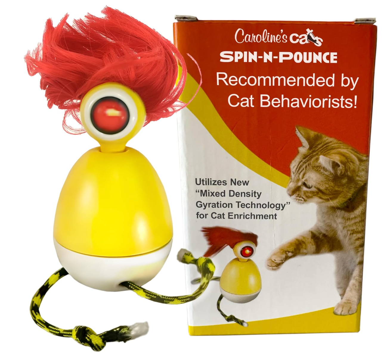 Caroline's Cats Spin-N-Pounce Rechargeable Automatic Interactive Indoor Dancing Cat Toy; Touch Sensor & Auto Shut Off, 360° Rotation, Silent Motor, LED Light, Simulates Prey for Hunting & Exercise