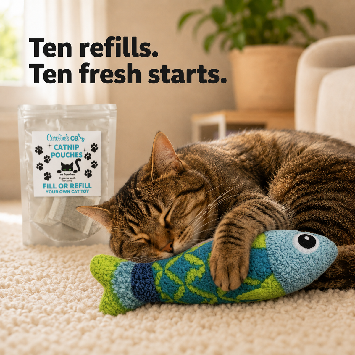 Caroline's Cats Catnip Pouches for Cat Toys, 10 No-Mess Refill Packets, Indoor Cats -- Replacement Nip for Flapping Bird, Flopping Fish, and Interactive Toys