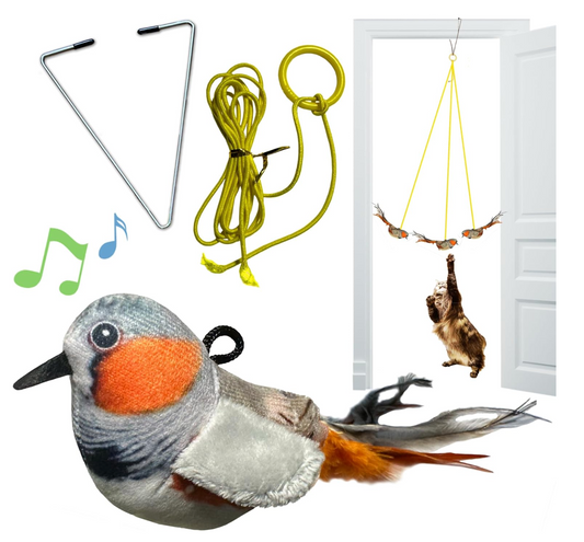 Caroline's Cats Plush Chirping Bird Cat Toy on Elastic String with Doorway Hanger - No Flimsy Suction Cups; Real Electronic Avian Sounds
