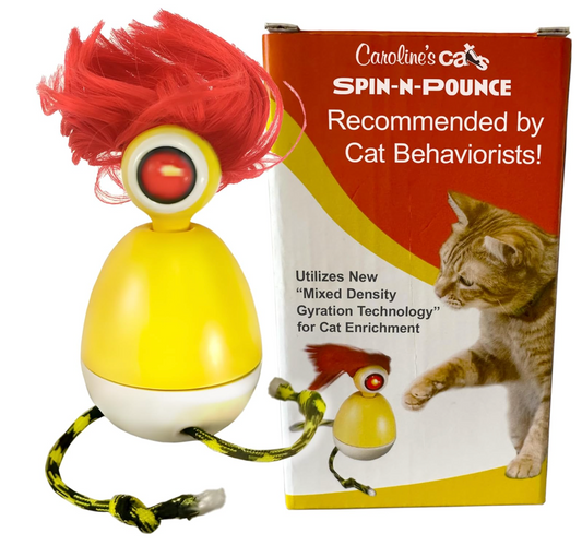 Caroline's Cats Spin-N-Pounce Rechargeable Automatic Interactive Indoor Dancing Cat Toy; Touch Sensor & Auto Shut Off, 360° Rotation, Silent Motor, LED Light, Simulates Prey for Hunting & Exercise