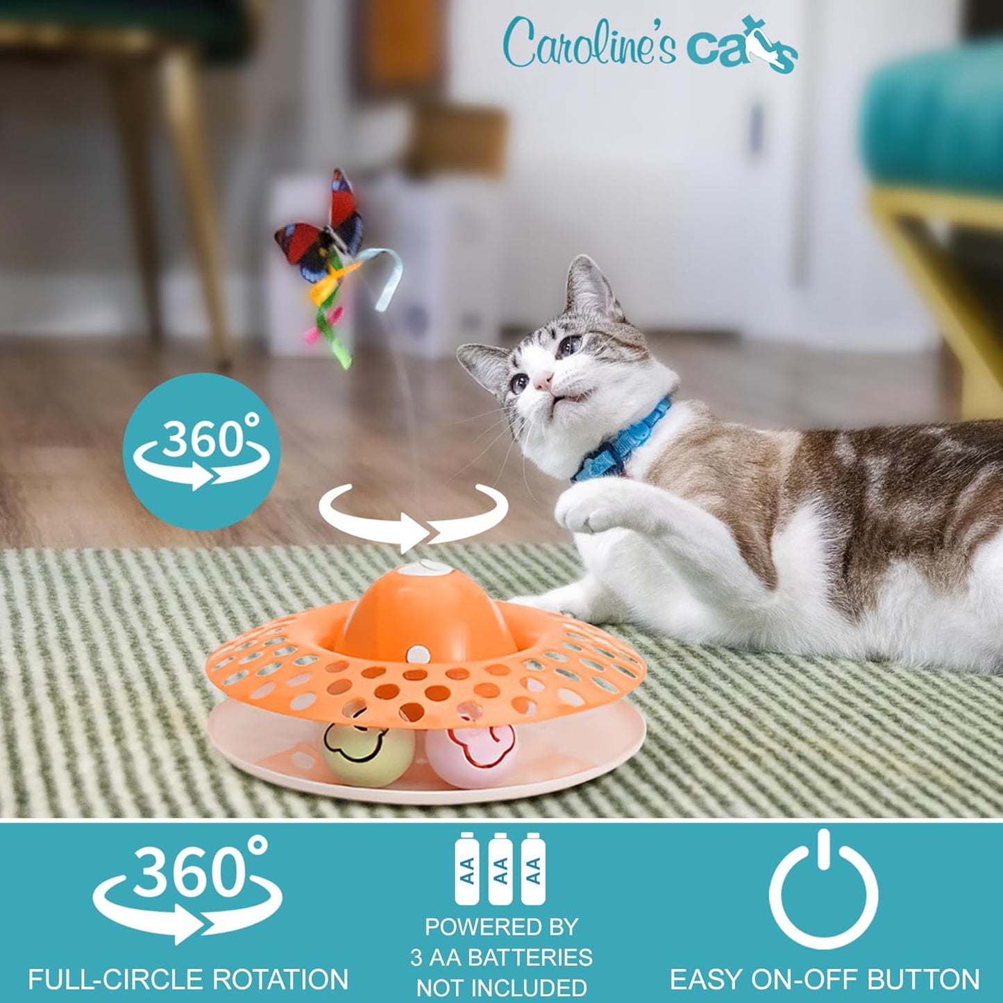 Caroline's Cats Automatic Butterfly Cat Toy – 2 in 1 Cat Toy Auto Shut Off & Catnip Ball Track; Recommended Cat Enrichment Toy Orange