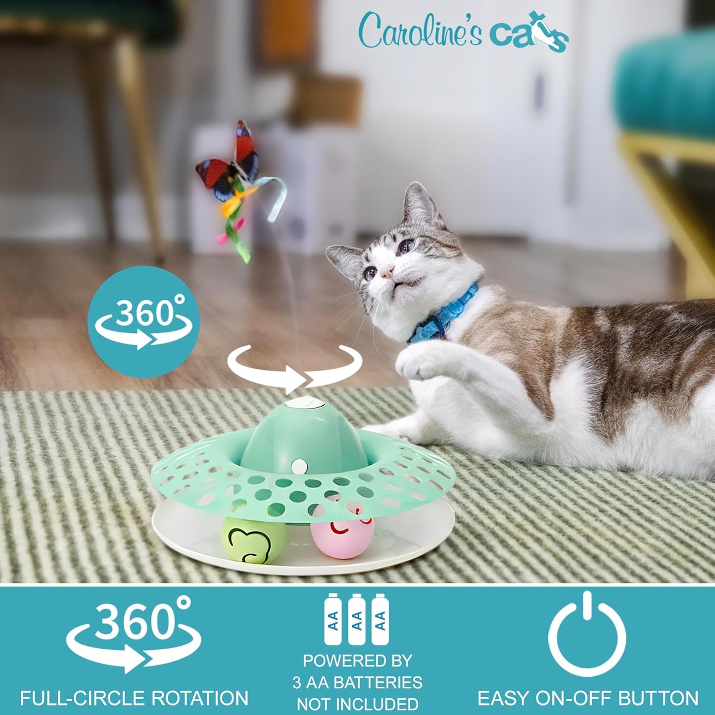 Caroline's Cats Automatic Butterfly Cat Toy – 2 in 1 Cat Toy with Catnip Ball Track; Recommended Cat Enrichment Toy