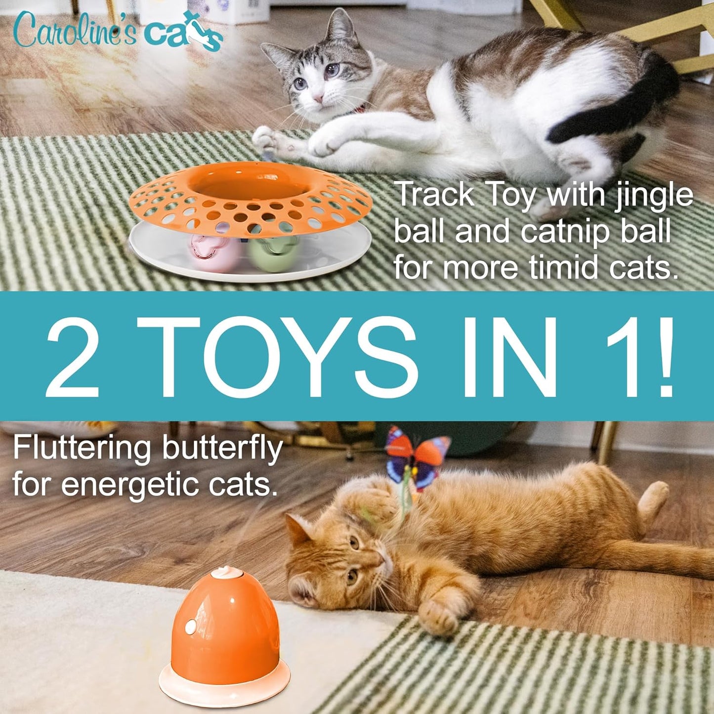 Caroline's Cats Automatic Butterfly Cat Toy – 2 in 1 Cat Toy Auto Shut Off & Catnip Ball Track; Recommended Cat Enrichment Toy Orange