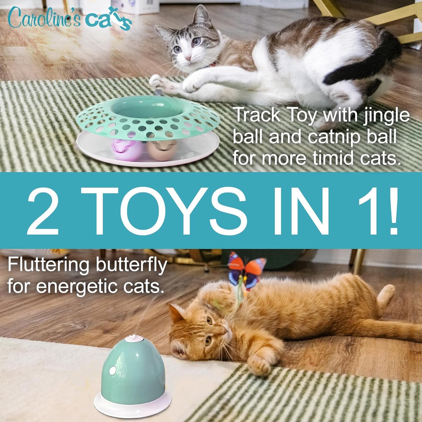 Caroline's Cats Automatic Butterfly Cat Toy – 2 in 1 Cat Toy with Catnip Ball Track; Recommended Cat Enrichment Toy