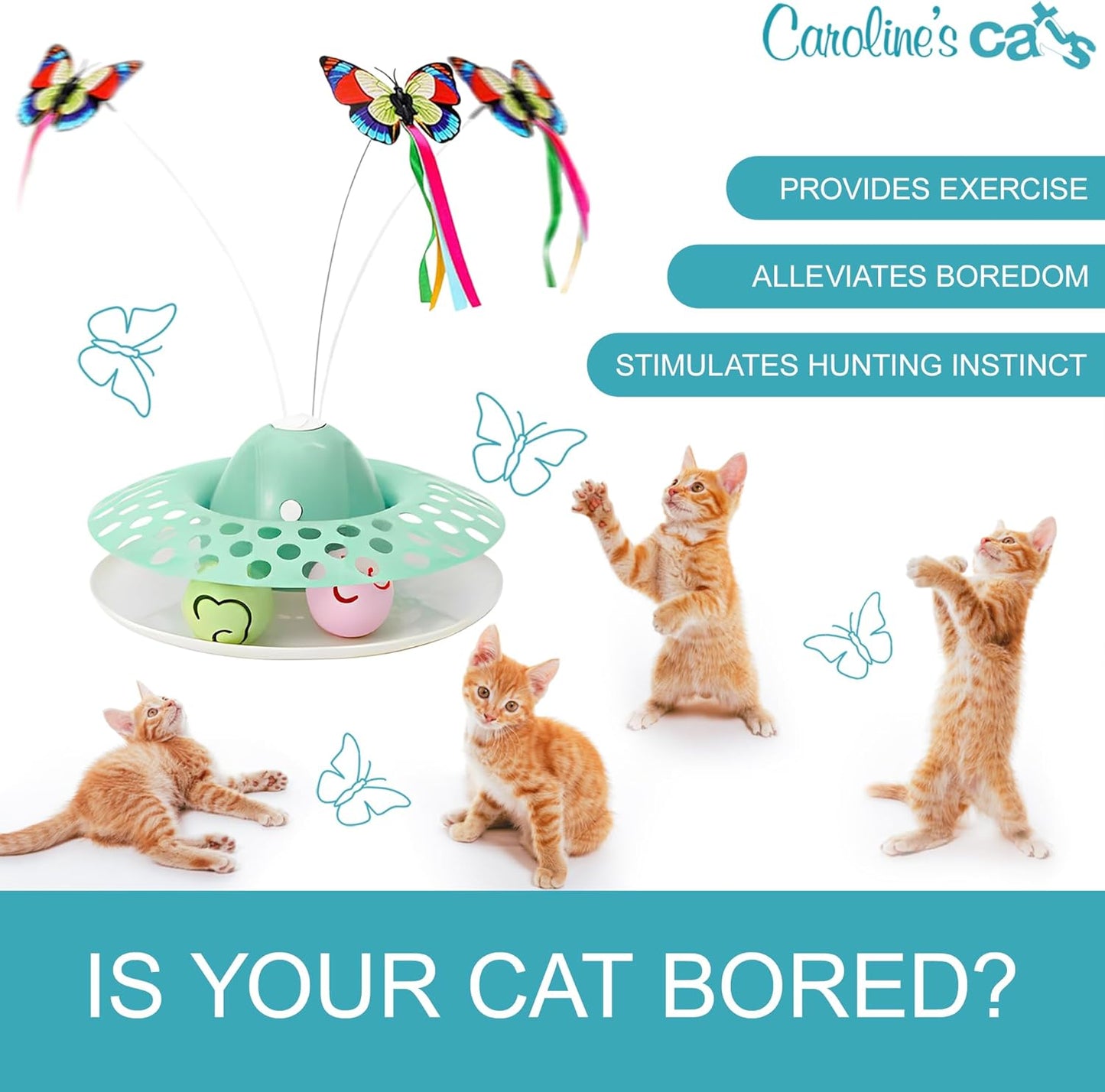 Caroline's Cats Automatic Butterfly Cat Toy – 2 in 1 Cat Toy with Catnip Ball Track; Recommended Cat Enrichment Toy