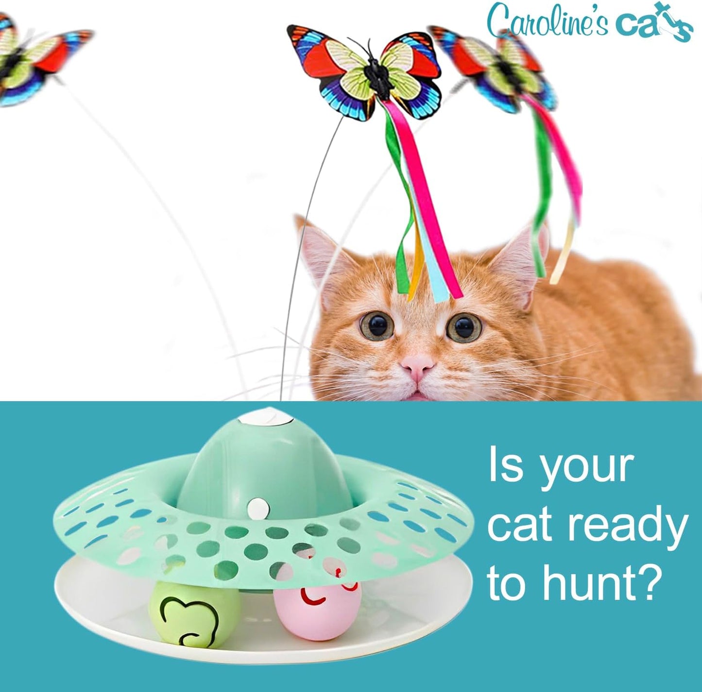 Caroline's Cats Automatic Butterfly Cat Toy – 2 in 1 Cat Toy with Catnip Ball Track; Recommended Cat Enrichment Toy