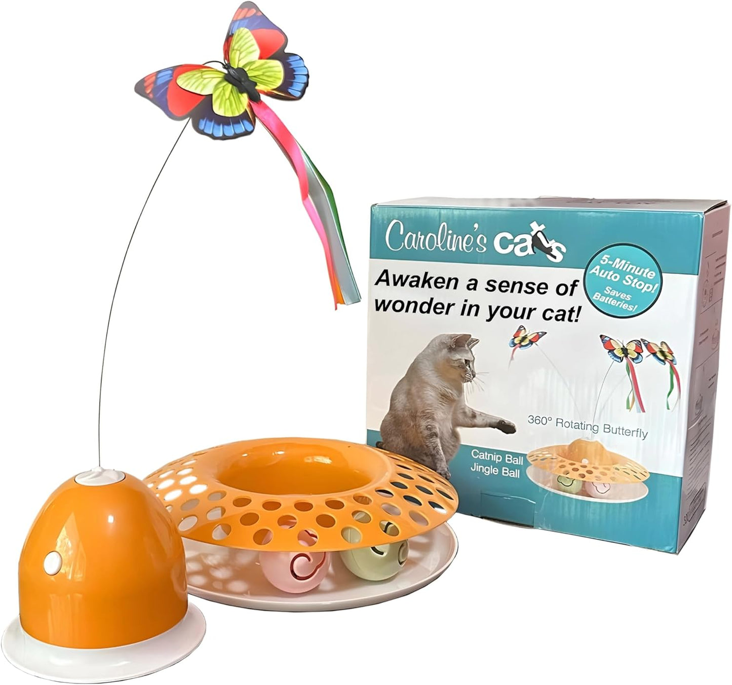 Caroline's Cats Automatic Butterfly Cat Toy – 2 in 1 Cat Toy Auto Shut Off & Catnip Ball Track; Recommended Cat Enrichment Toy Orange